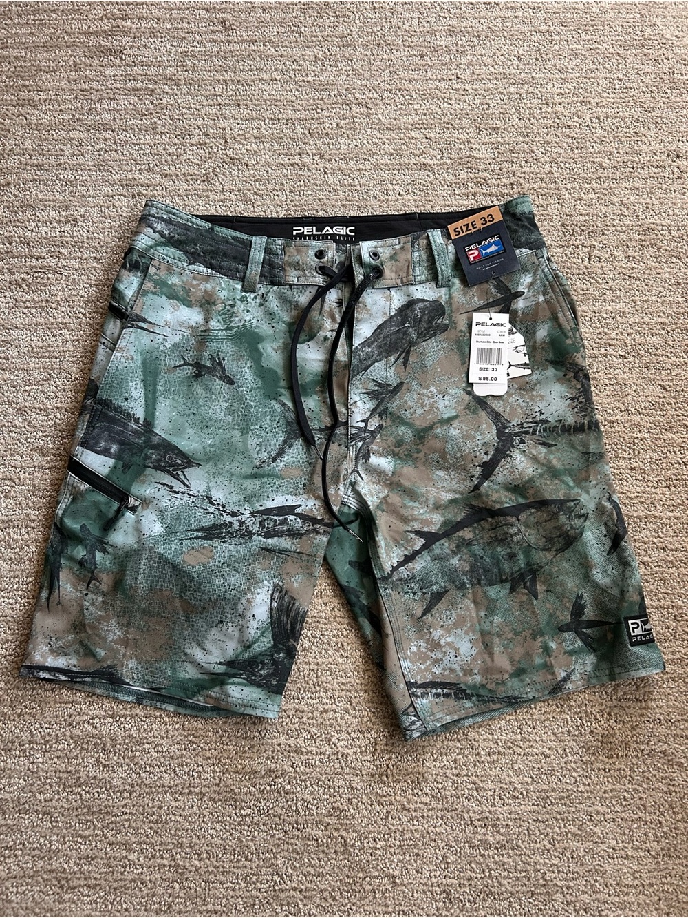 Pelagic Men’s Green & Brown Camo Fishing Swim Board Shorts